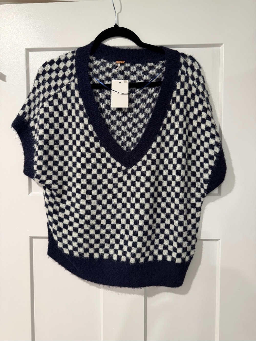 Free People Black and White Checkerboard V-Neck Sweater
